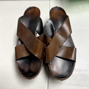 Vintage YVES SAINT LAURENT Leather Wedge Cross Strap PlatformSlides 36 sz6/6 1/2